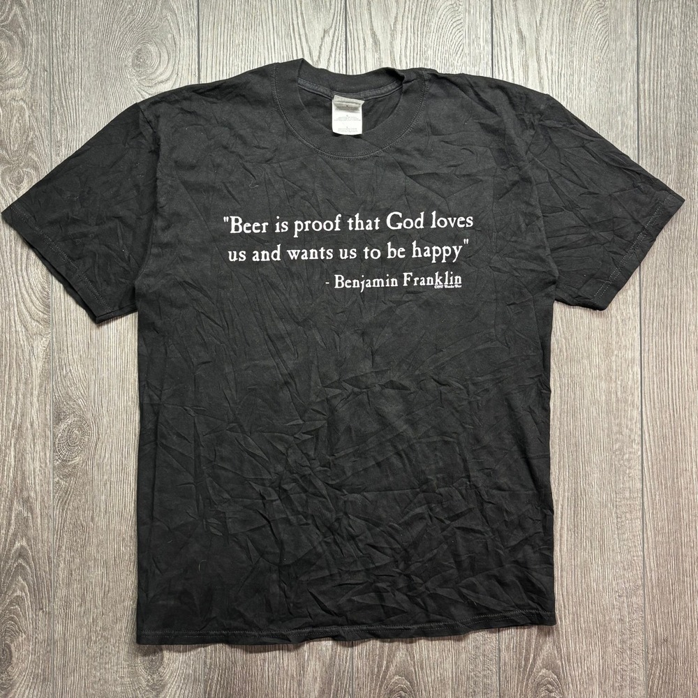 Vintage 1997 Benjamin Franklin Beer Quote T-Shirt Mens Large Black Gildan 90s
